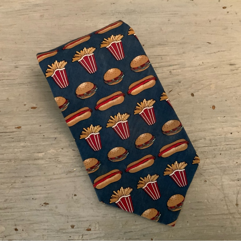 Rooster All Cotton‎ Made in USA Pig Out Hot Dog Hamburger Fries Necktie Like New